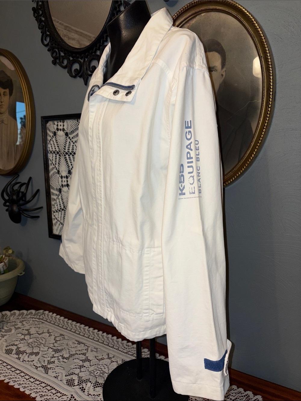 'Equipage' White Utility Jacket with Blue Trim